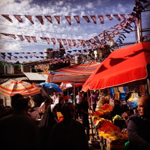 Election flags hang above the Suli bazaar weeks ago